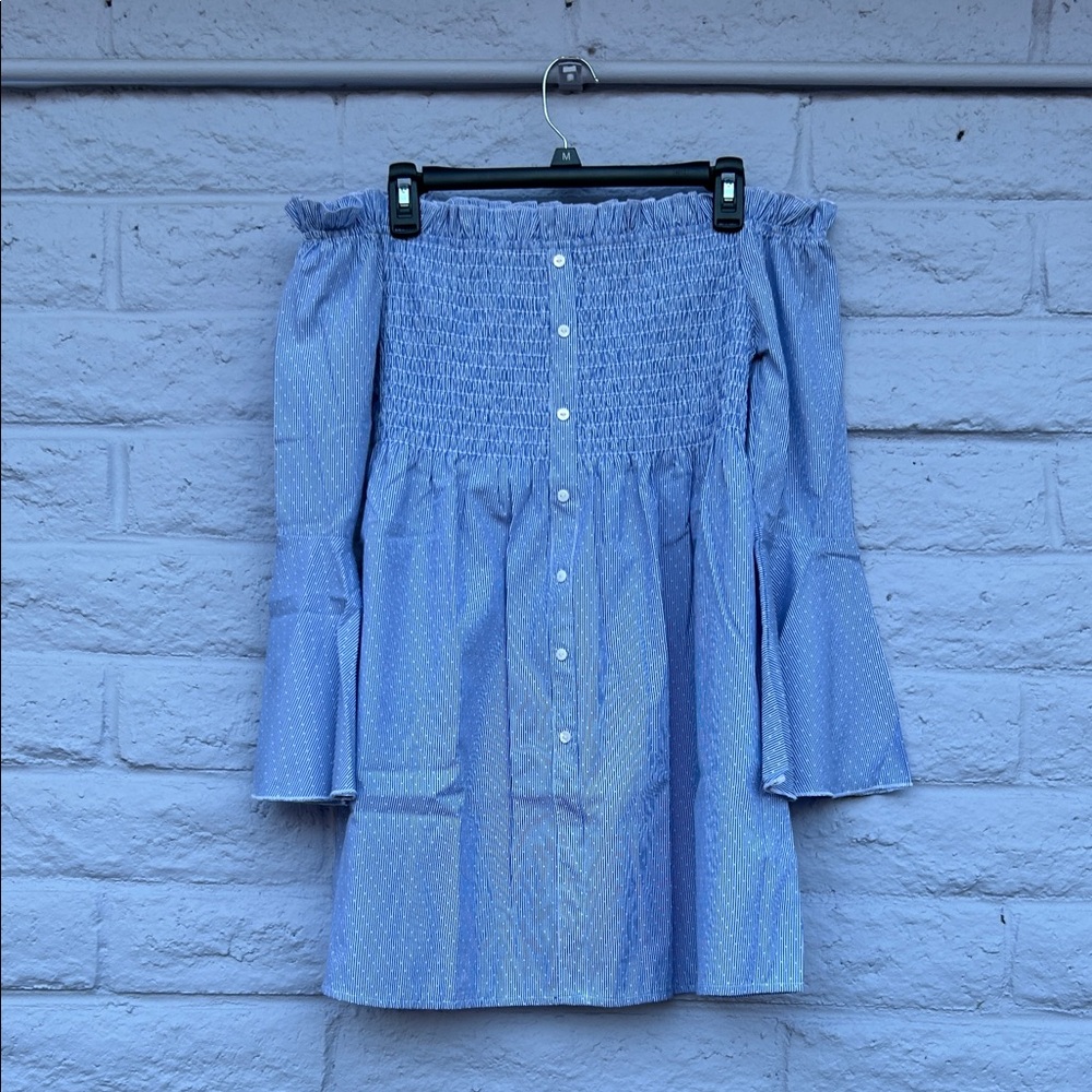Romeo & Juliet Couture Blue and White Ruffled Off the Shoulder Mini Dress